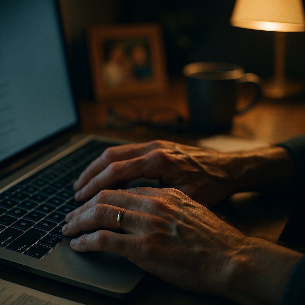 Hands on a laptop keyboard in a dim room